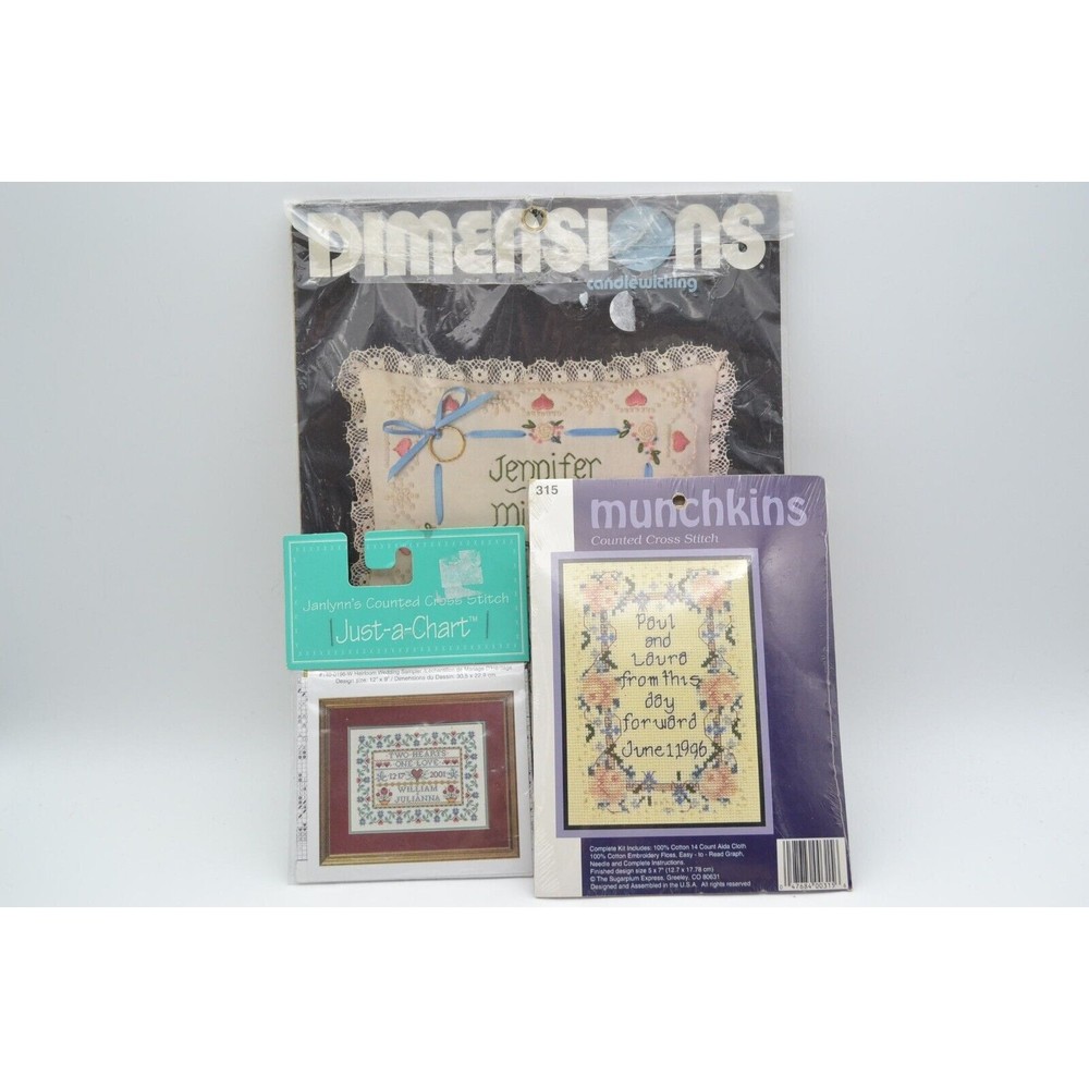 LOT of 3: Wedding Cross Stitch Kits, & Candlewicking Pillow, Dimensions, Crafts